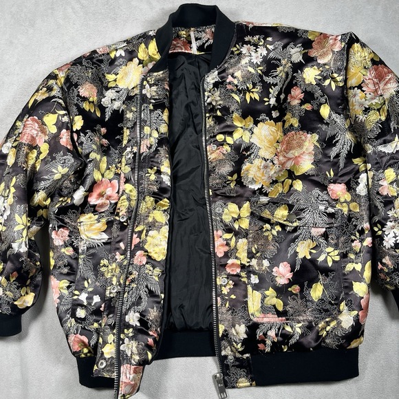 Free People Black w/Gold Peach Yellow Floral Fully-Lined Bomber Jacket Women XS - Picture 4 of 11